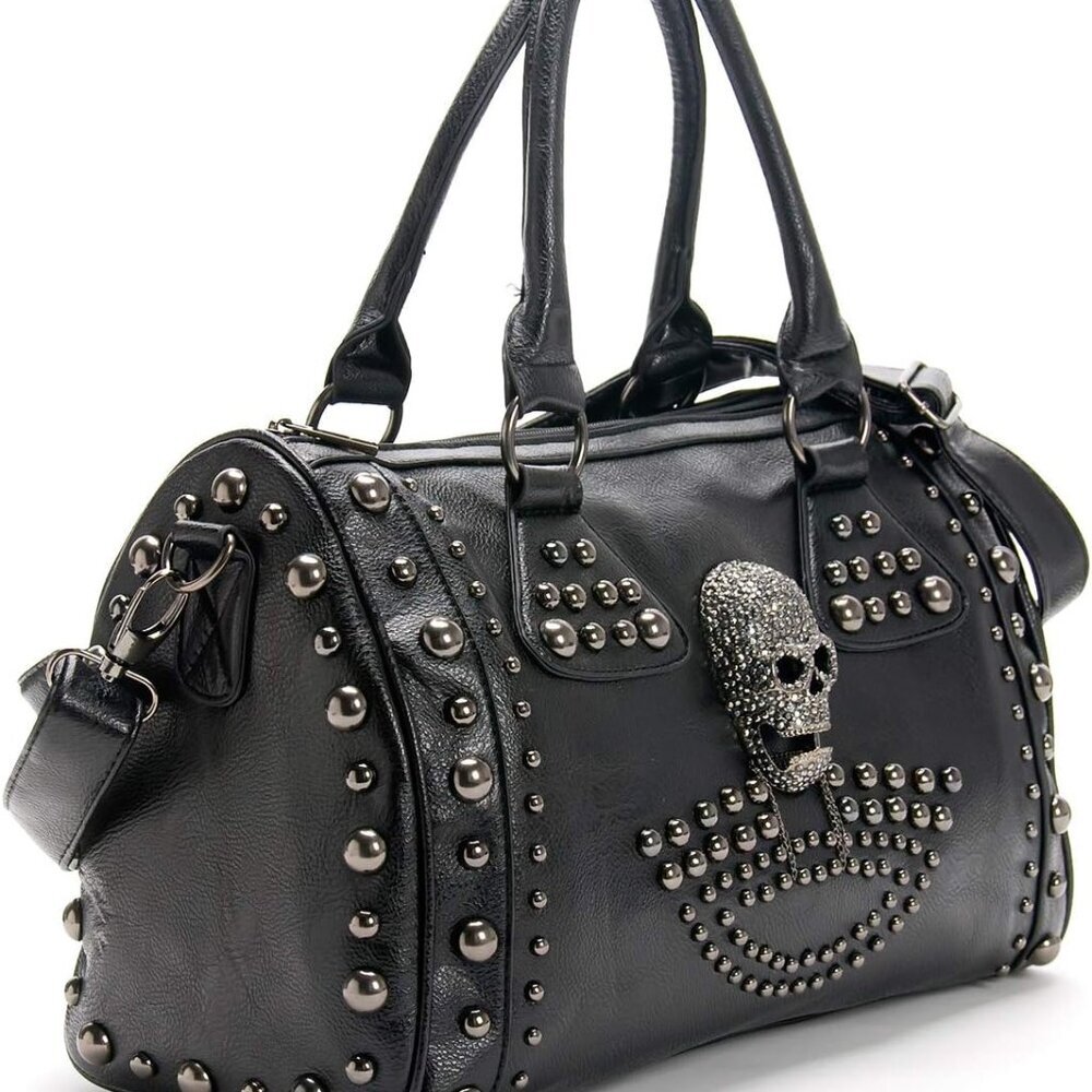 Women Skull Handbag Large Capacity Gothic Shoulder Bag Studded Doctor Handbag